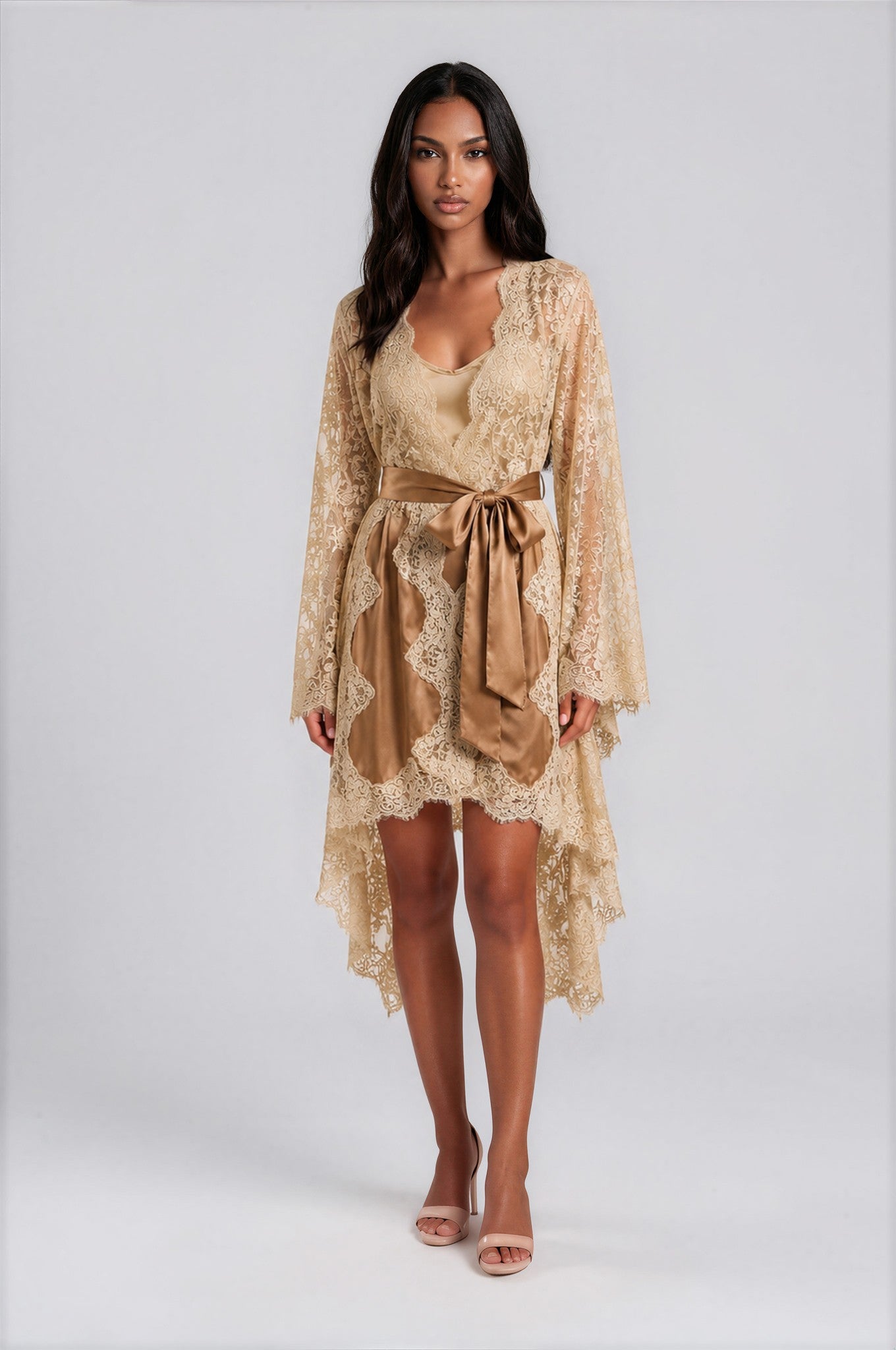 Dantel Kimono & Saten Mini Elbise İkili Takım