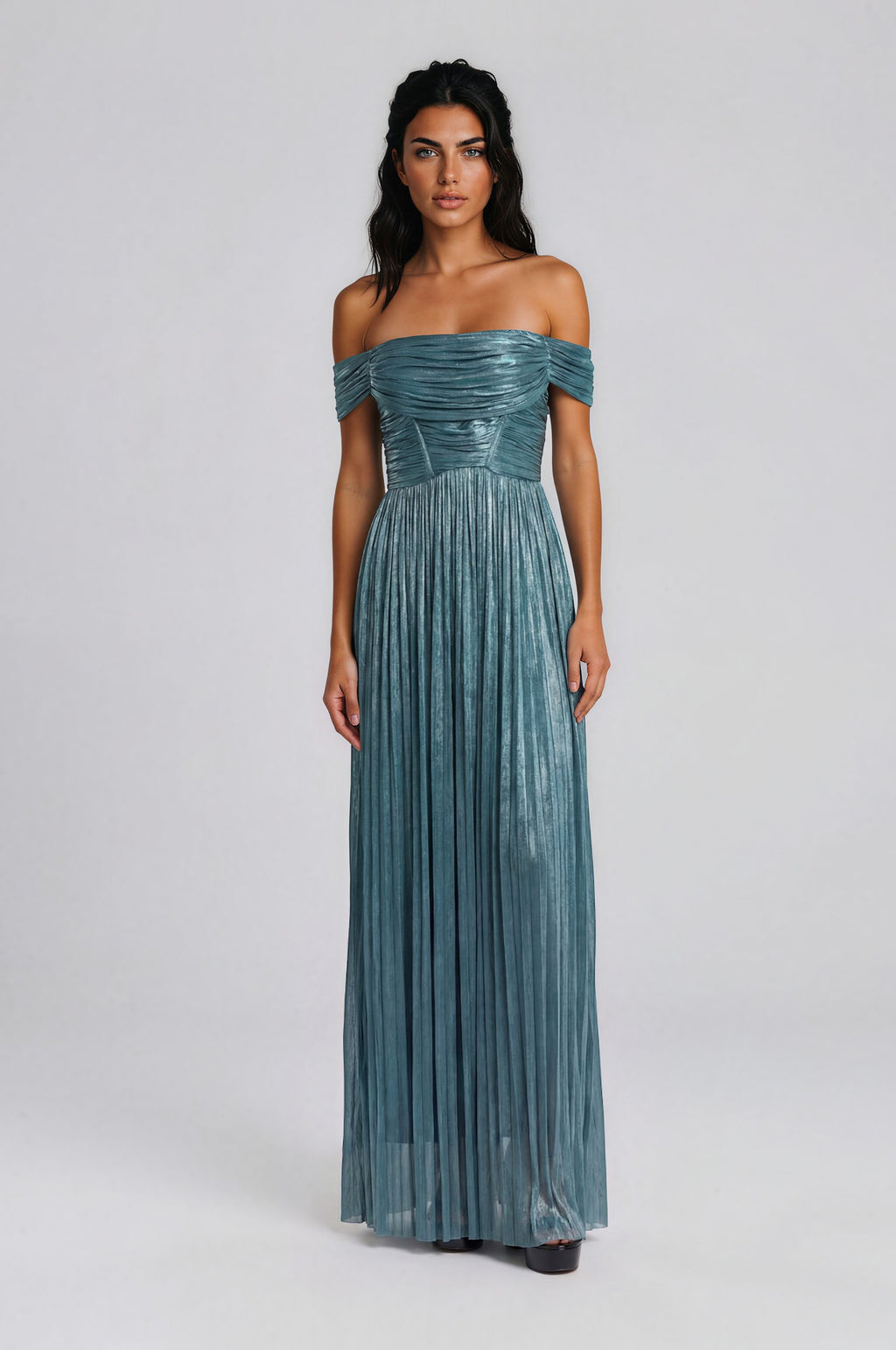 Metalik Tül Off-Shoulder Piliseli Uzun Abiye