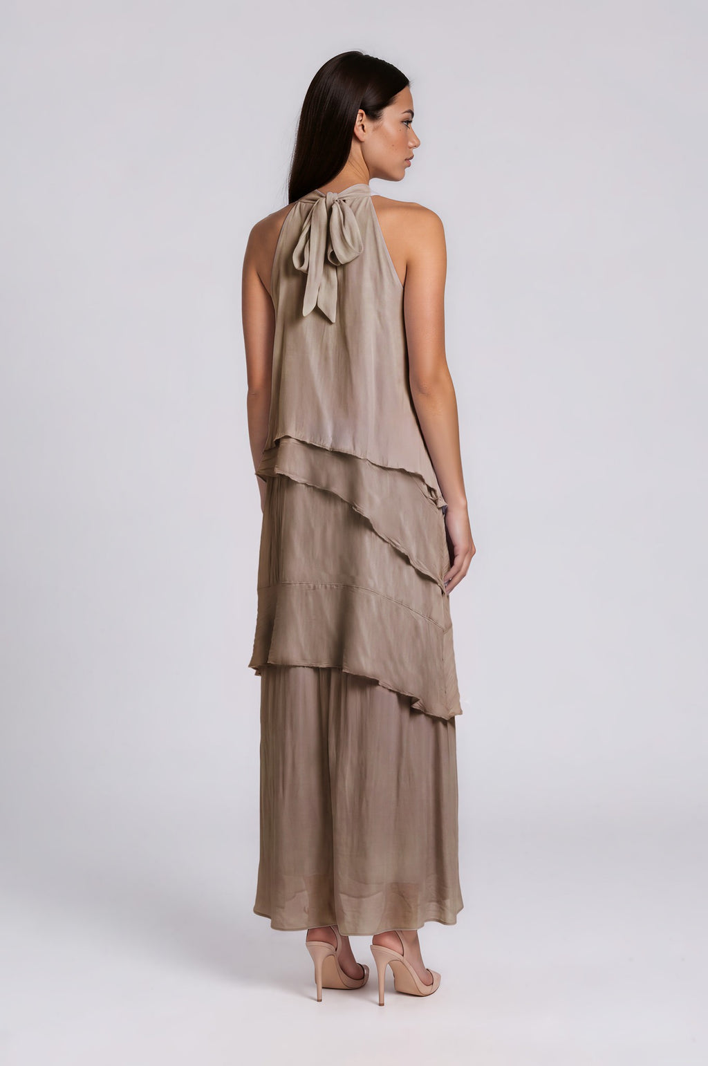 Katmanlı İpek Halter Maxi Elbise - Arka