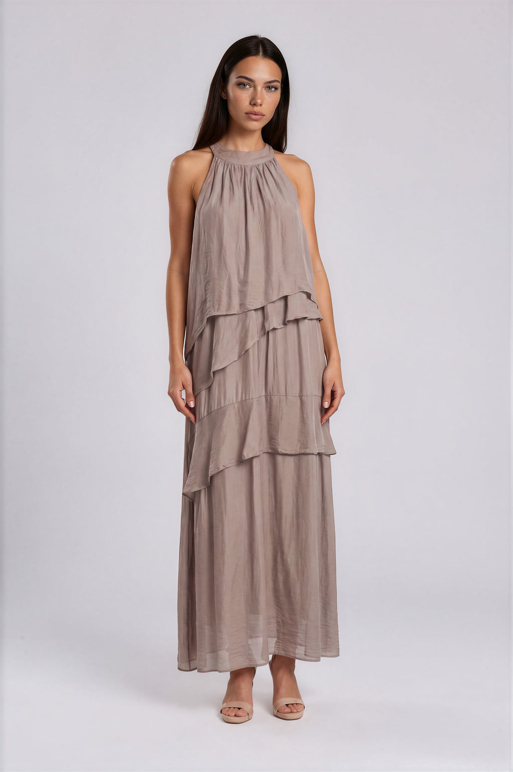 Katmanlı İpek Halter Maxi Elbise - Ön