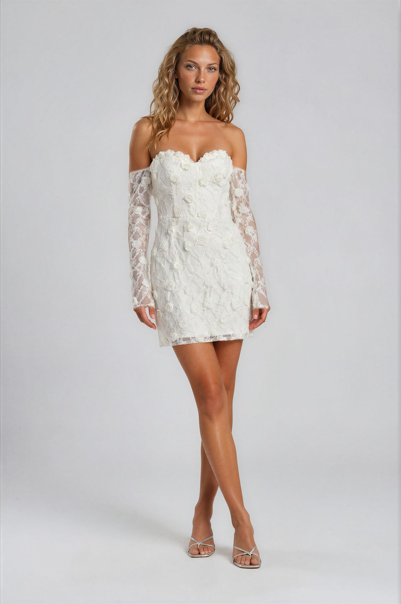 3D Çiçek Dantel Off-Shoulder Mini Abiye