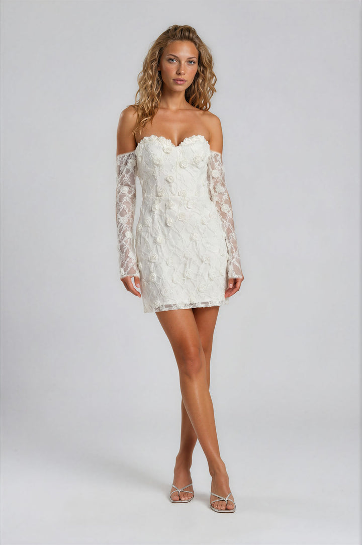 3D Çiçek Dantel Off-Shoulder Mini Abiye – Andre Garen