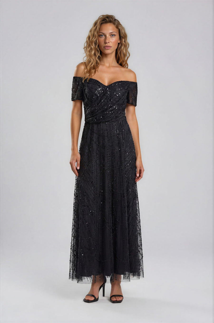 Payetli Taş İşlemeli Off-Shoulder Sweetheart Midi Abiye – Andre Garen