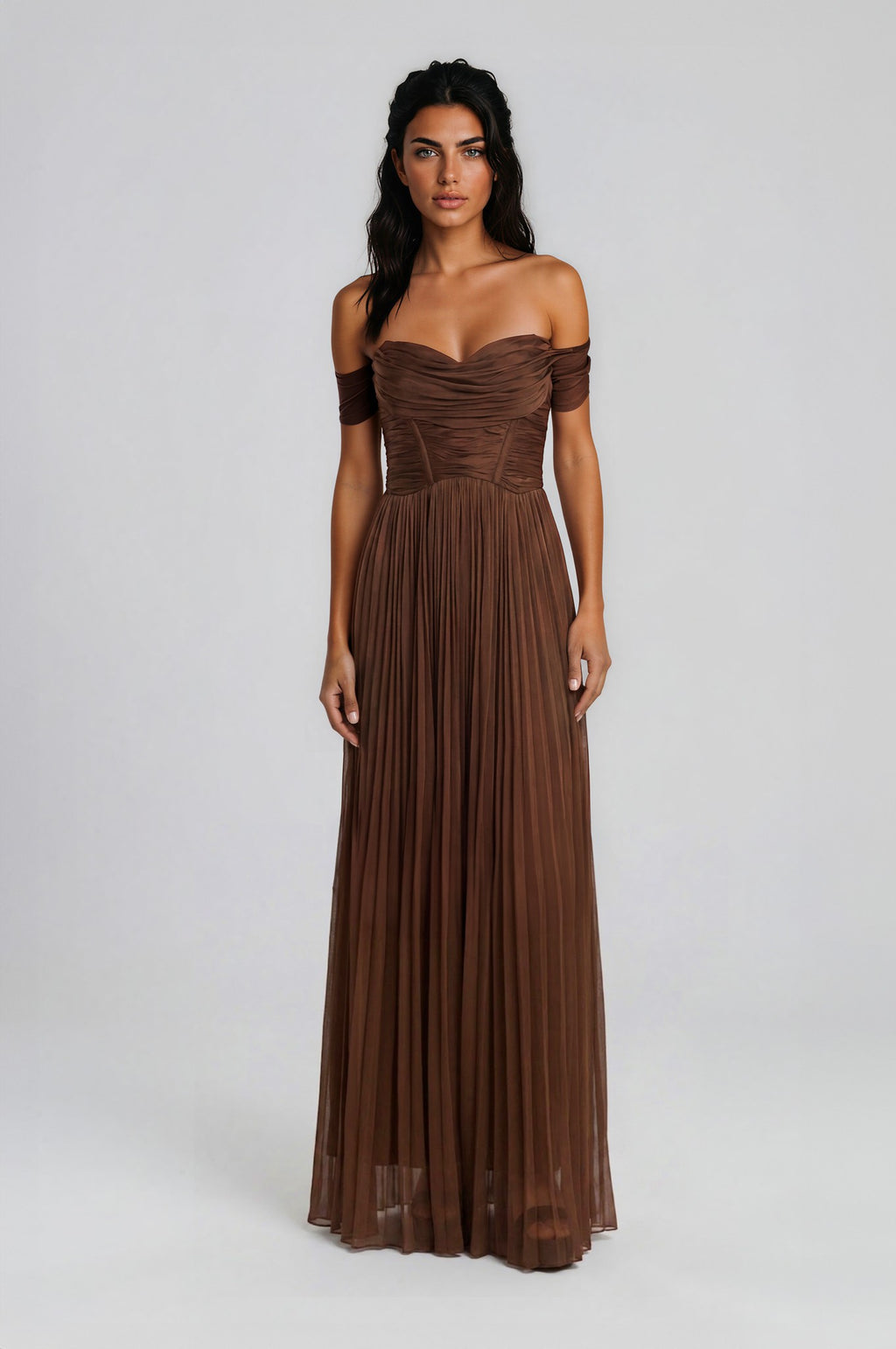 Metalik Tül Off-Shoulder Piliseli Uzun Abiye