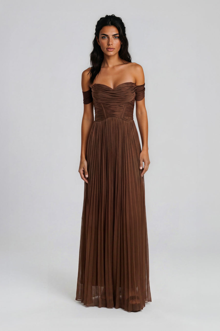 Metalik Tül Off-Shoulder Piliseli Uzun Abiye – Andre Garen