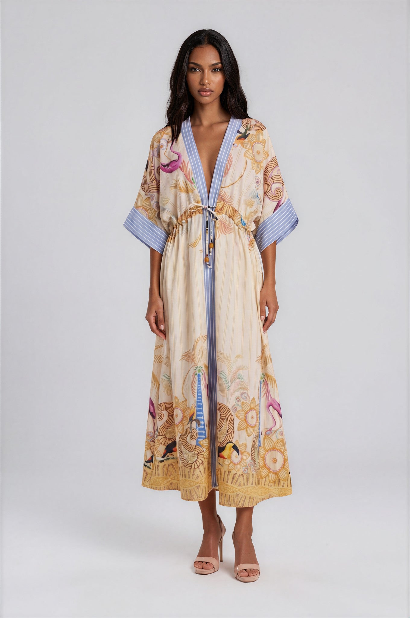 Tropikal Baskılı Kimono Elbise