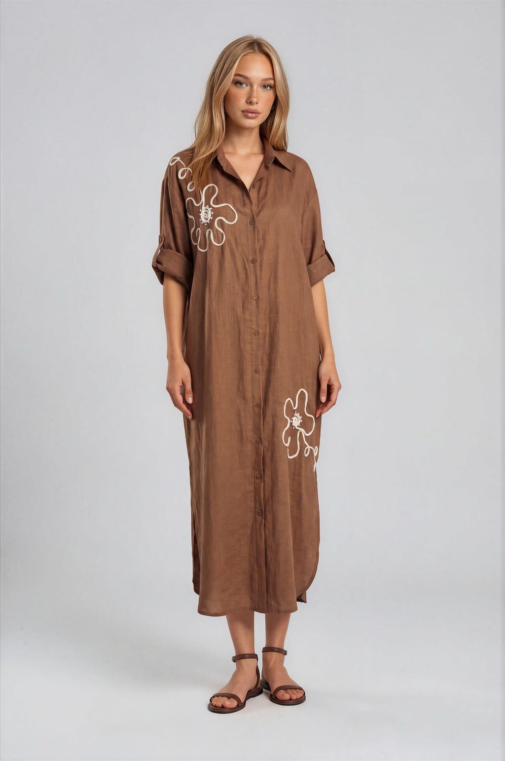 Soyut Çiçek İşlemeli Oversize Gömlek Elbise
