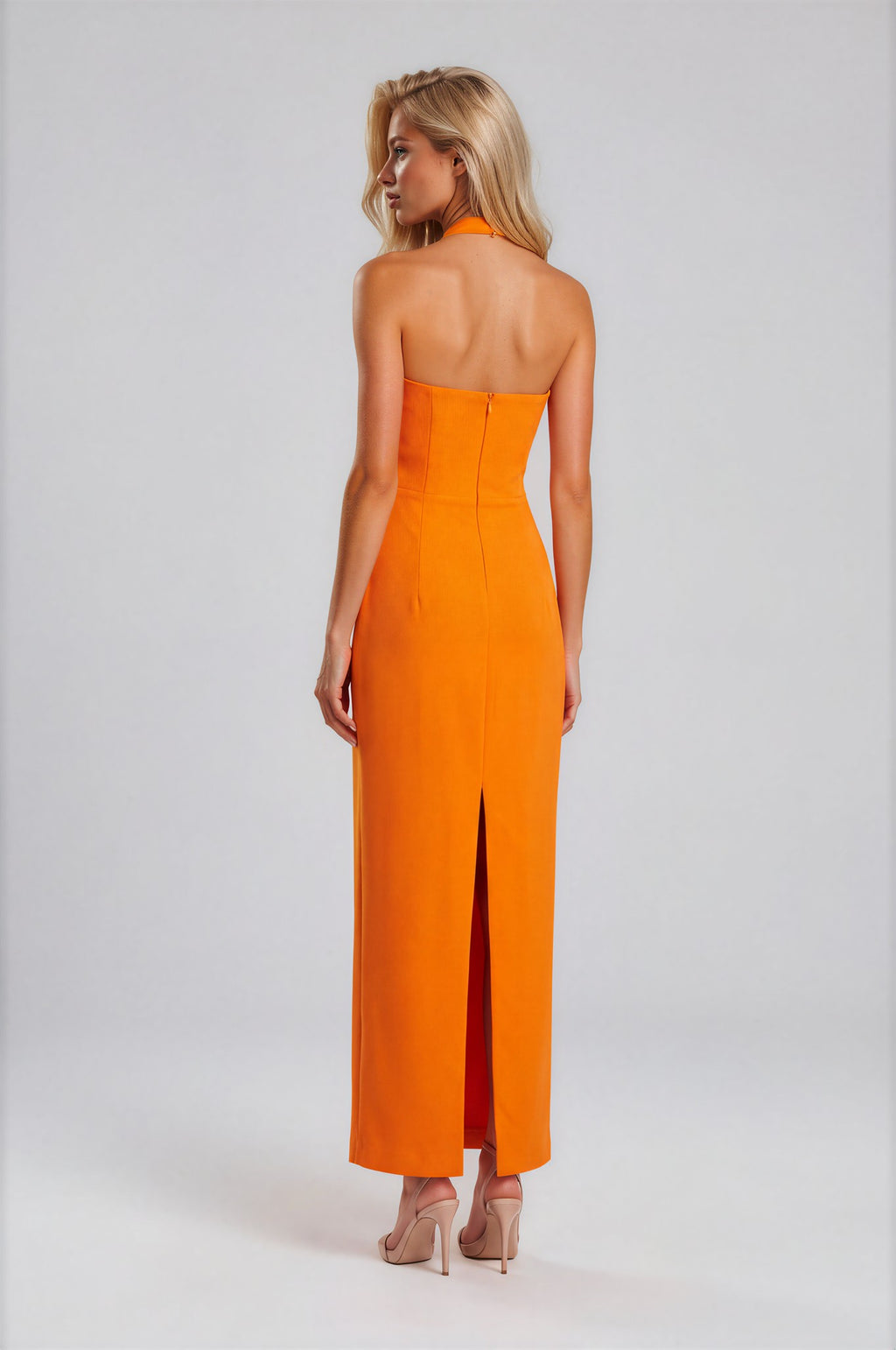 Cut-out detaylı halter maxi elbise - Turuncu arka