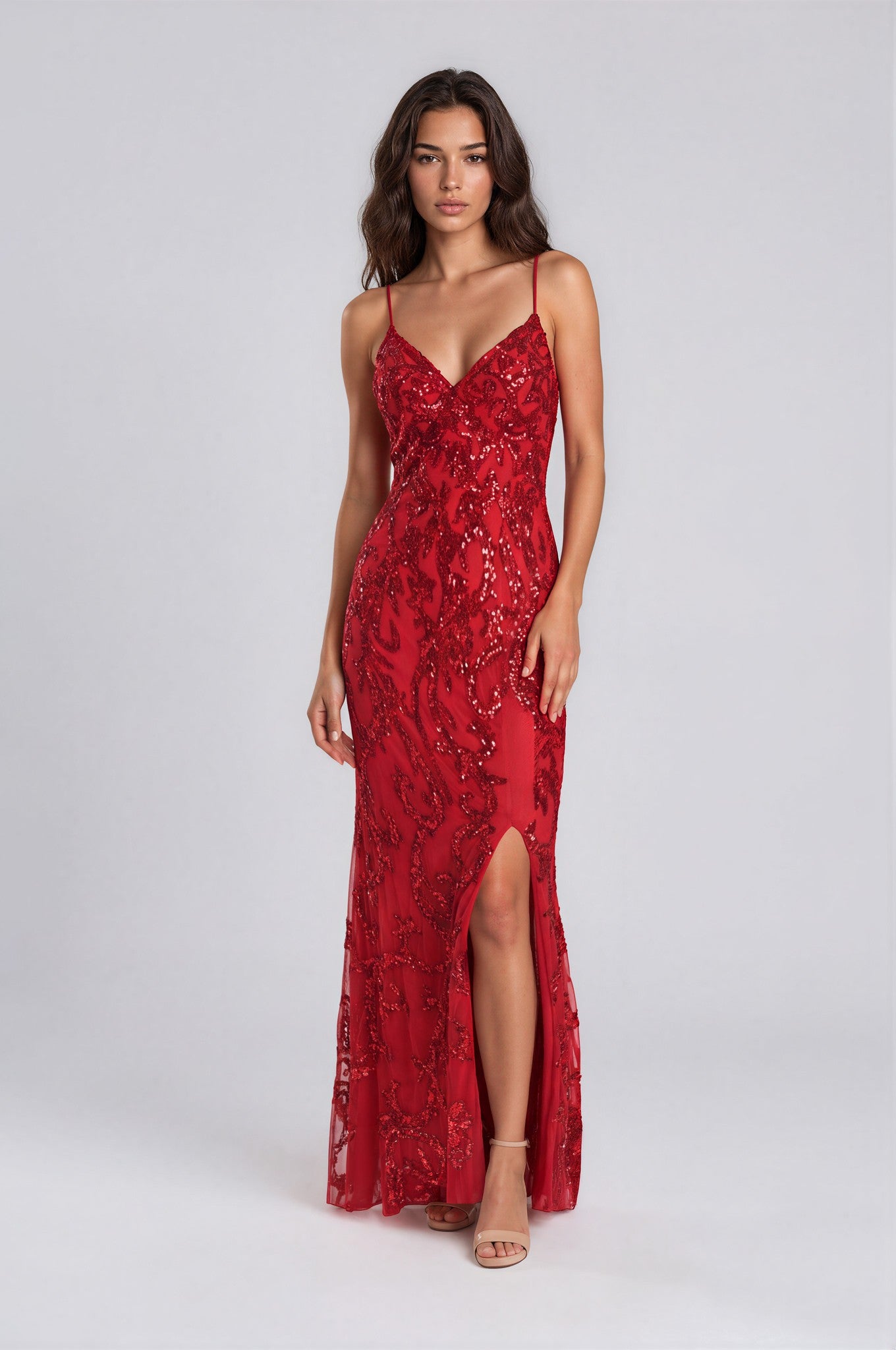 Kırmızı Payetli Uzun Abiye - Ön