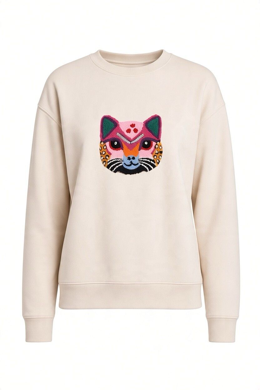 Krem kedi işlemeli sweatshirt, önden görünüm, ürün çekimi – Andre Garen