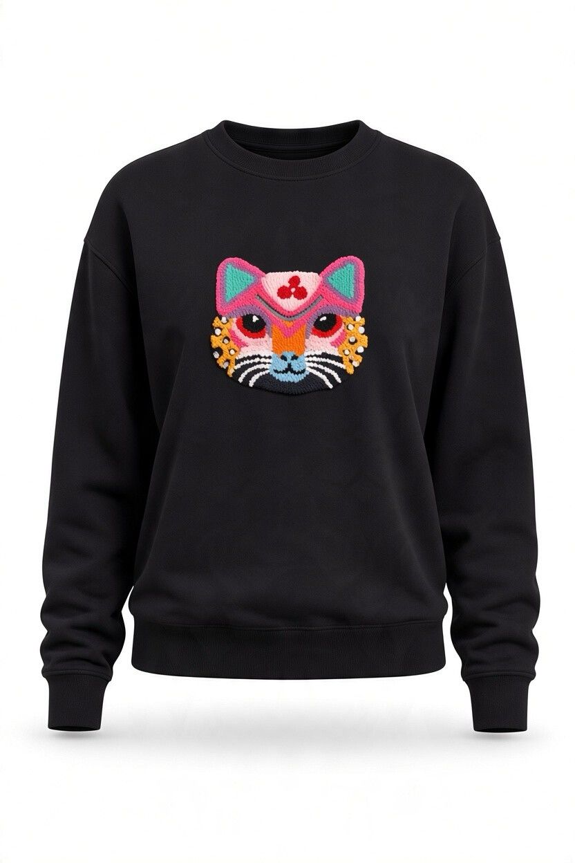 Siyah kedi işlemeli sweatshirt, önden görünüm, ürün çekimi – Andre Garen
