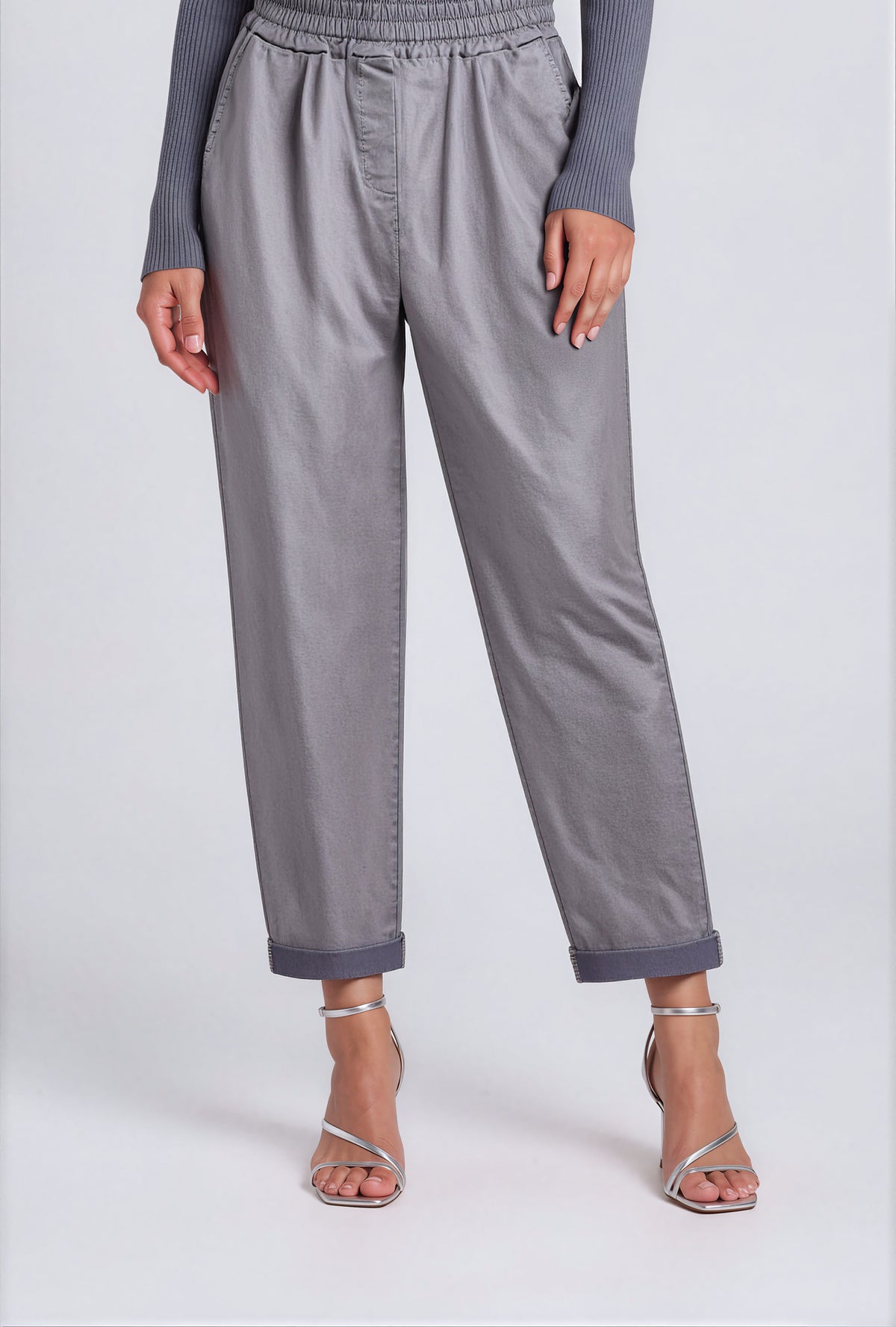 Beli Büzgülü Duble Paça Pantolon, Gri, ön