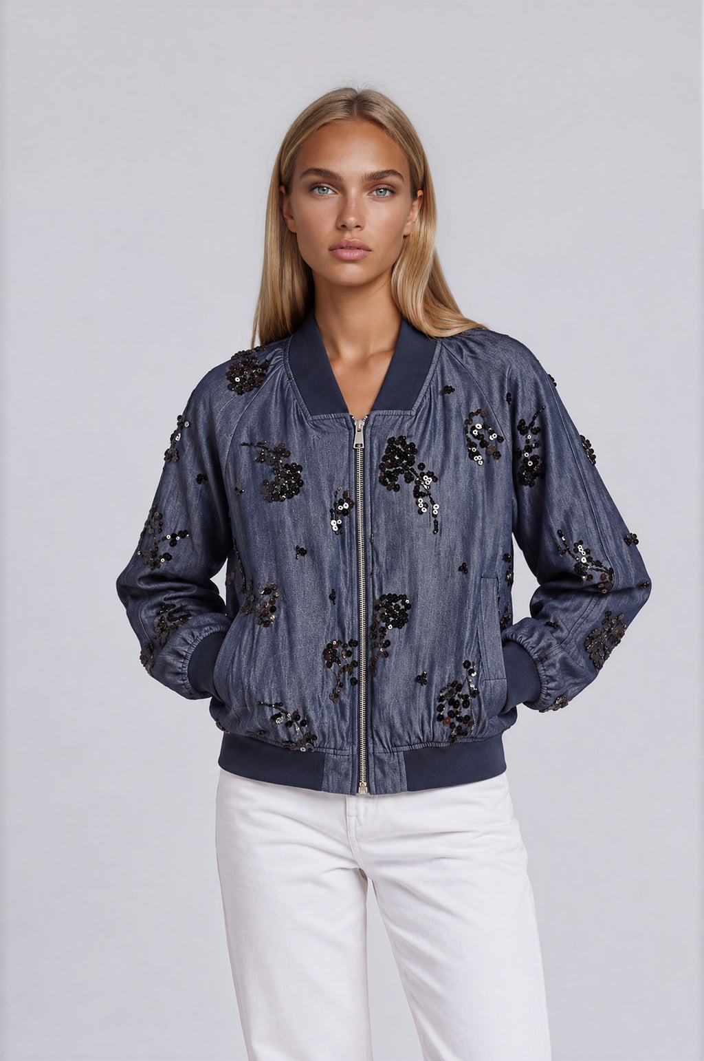 Çiçek İşlemeli Bomber Ceket, Gri mavi, ön