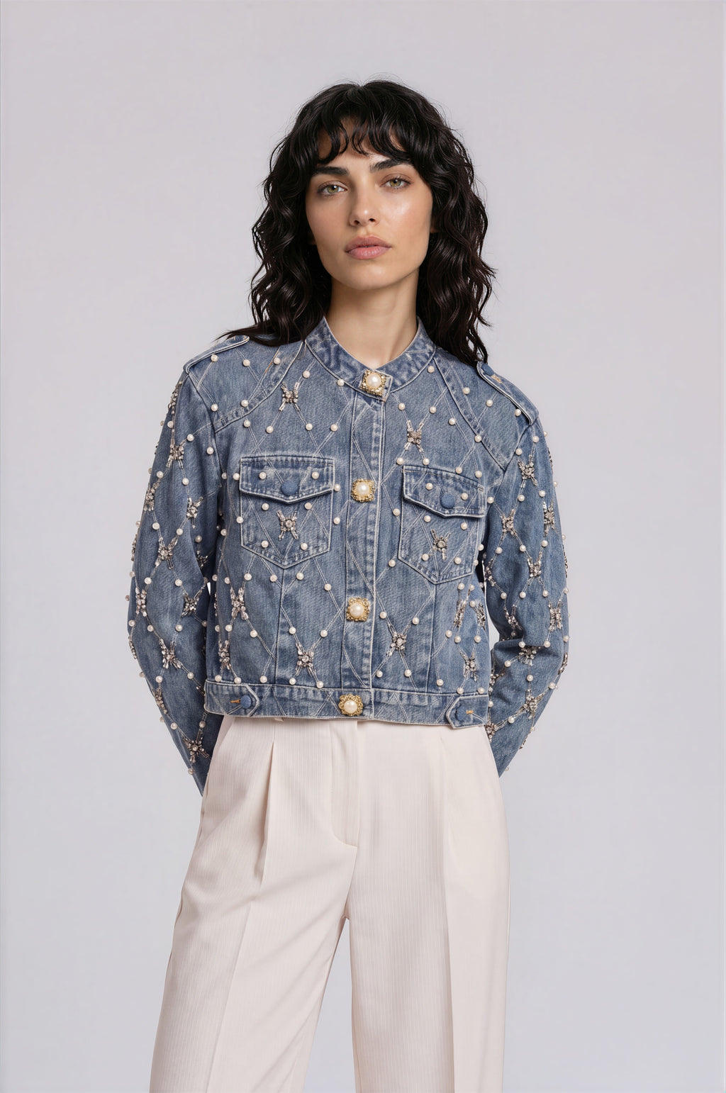 İnci Detaylı Denim Ceket, Mavi, ön