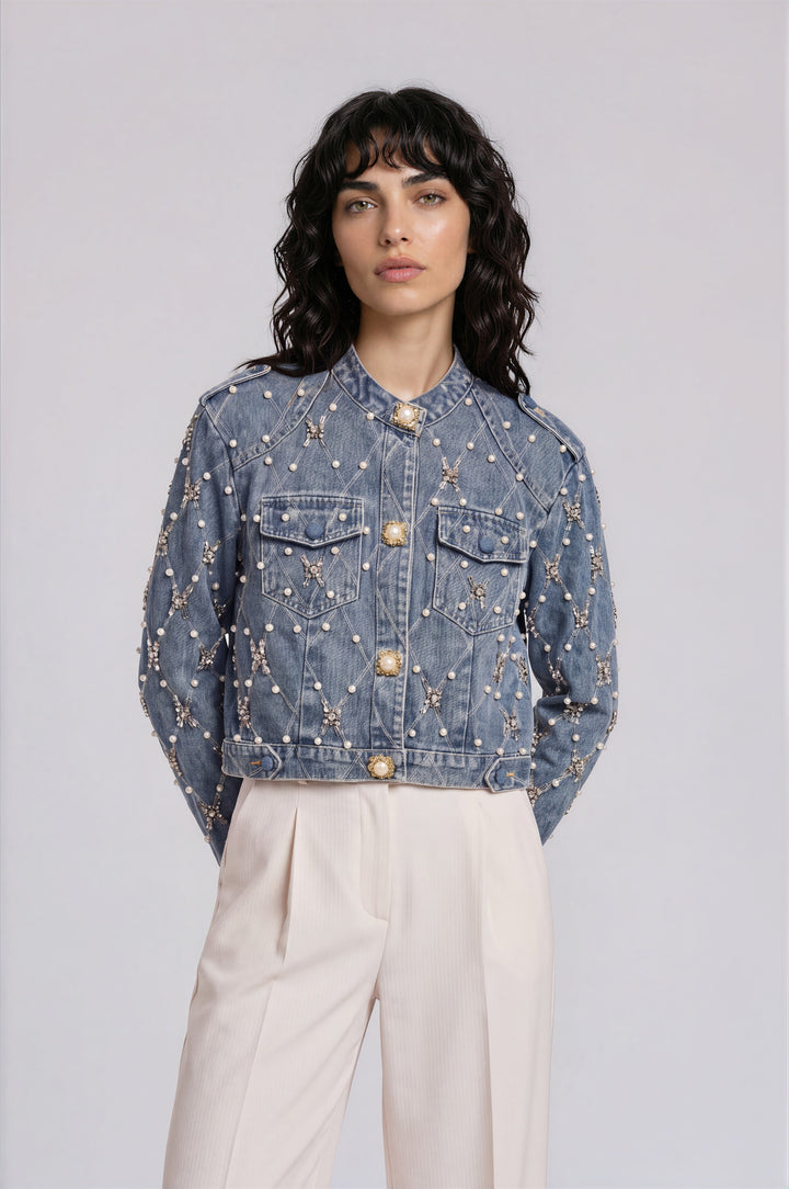 İnci Detaylı Denim Ceket, Mavi, ön