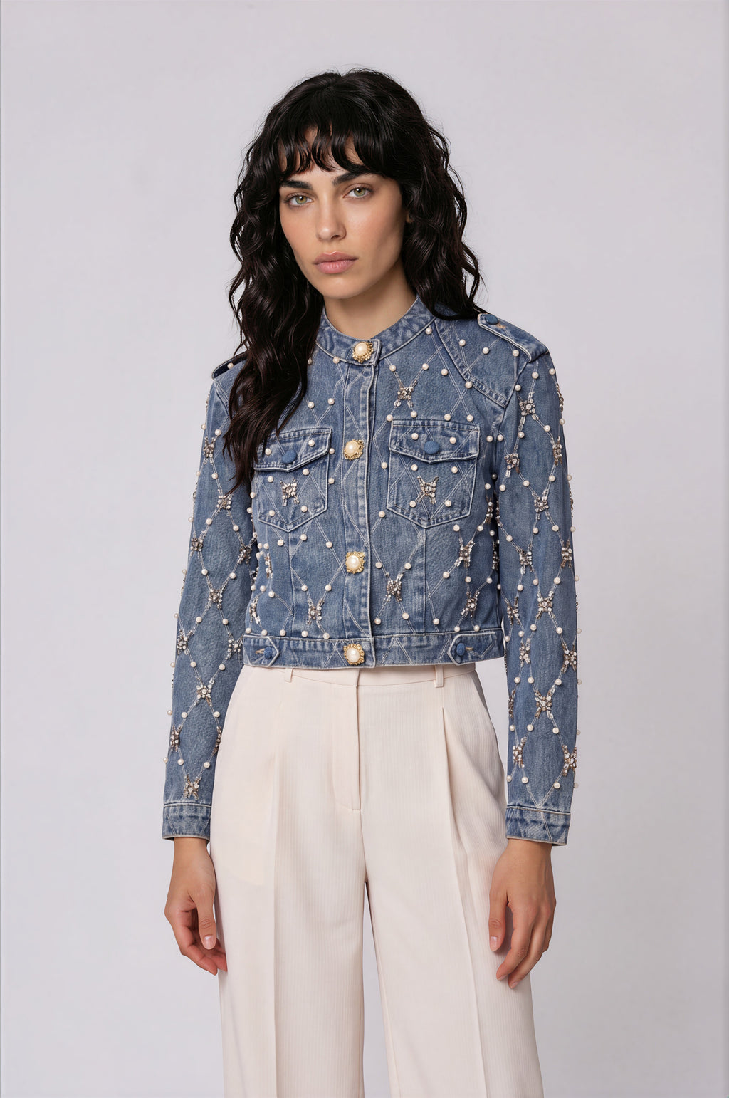 İnci Detaylı Denim Ceket, Mavi, ön