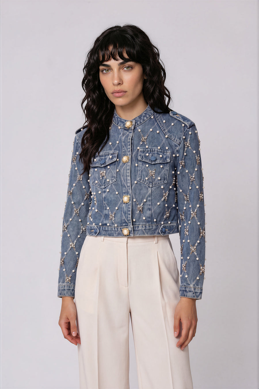 İnci Detaylı Denim Ceket, Mavi, ön